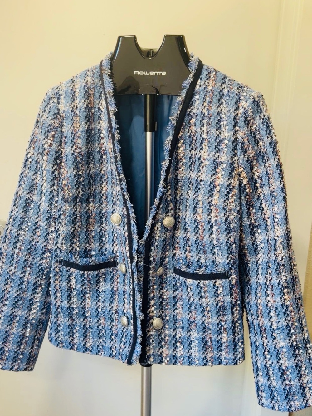 Classic Blue Tweed Women's Jacket - Elegant Textured Coat
